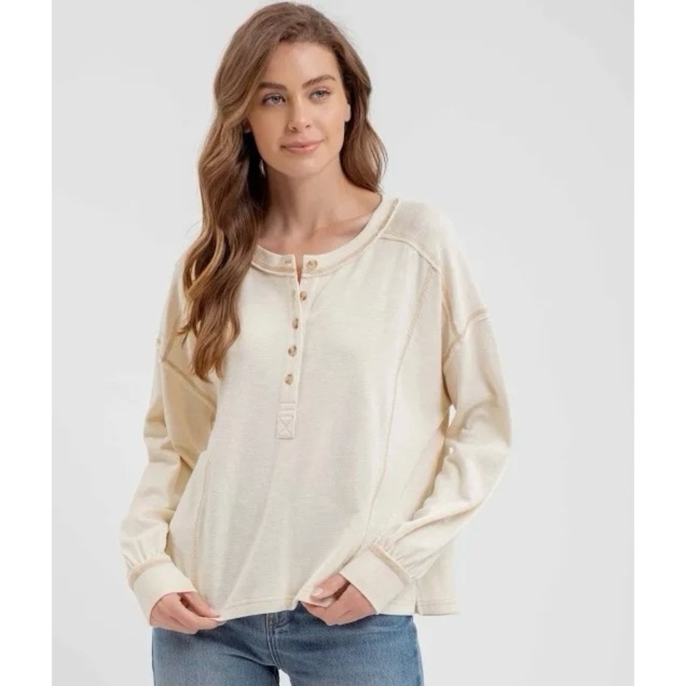 NWT New Blu Pepper Contrast Stitch Long Sleeve Henley Ivory Knit Top Size S